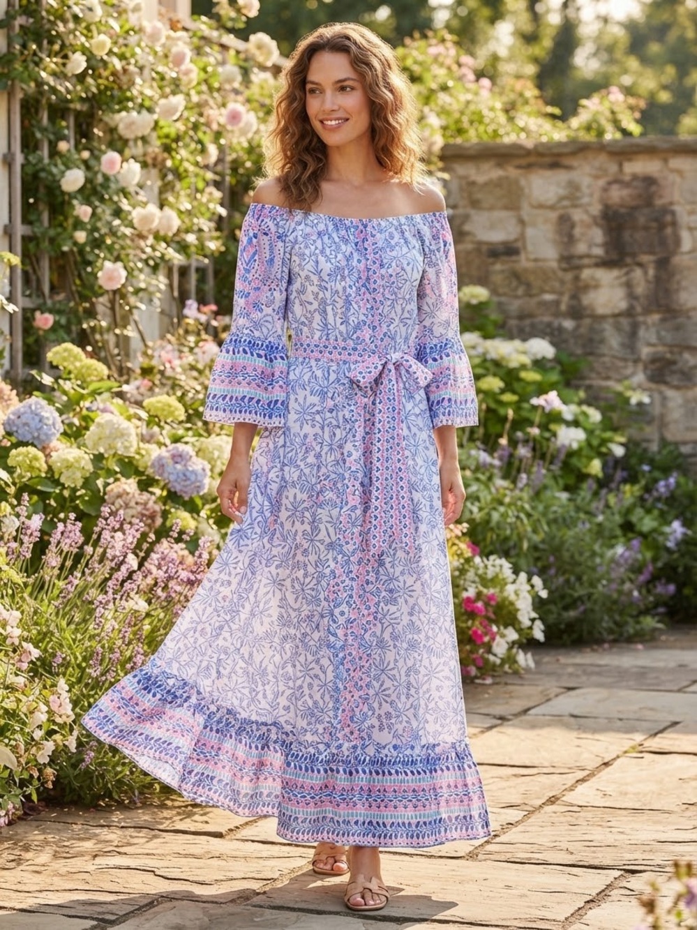 Lilly Pulitzer White Maxi Dress with Pink & Blue Floral Print